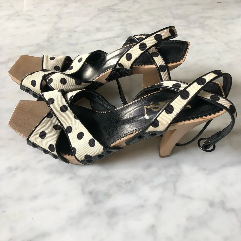 Yves Saint Laurent Black and Cream Polka Dot Slingback Heels